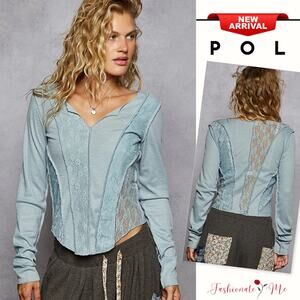 POL Lace Patchwork Design V-Neck Long Sleeves Casual T-Shirt | Air Force Blue
